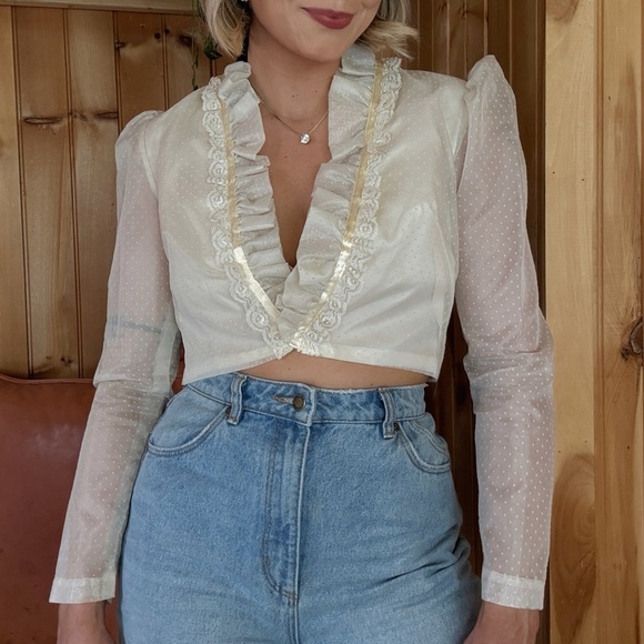 Vintage Edwardian Delicate Sheer Sleeve Ruffled Cropped Ivory Blouse - Picture 1 of 8